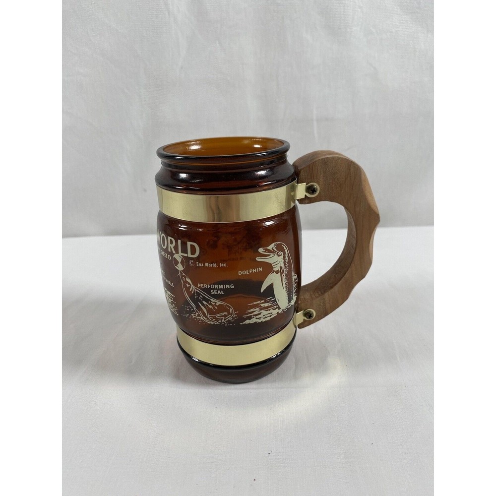 Vintage Siesta Ware Sea World Of Ohio Bar Mug Cup Barrell WoodHandle